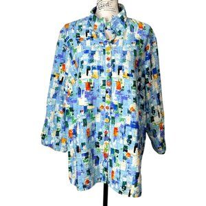 Ali Miles Womens Button-Front Tunic Abstract Print Top Blue Size XL